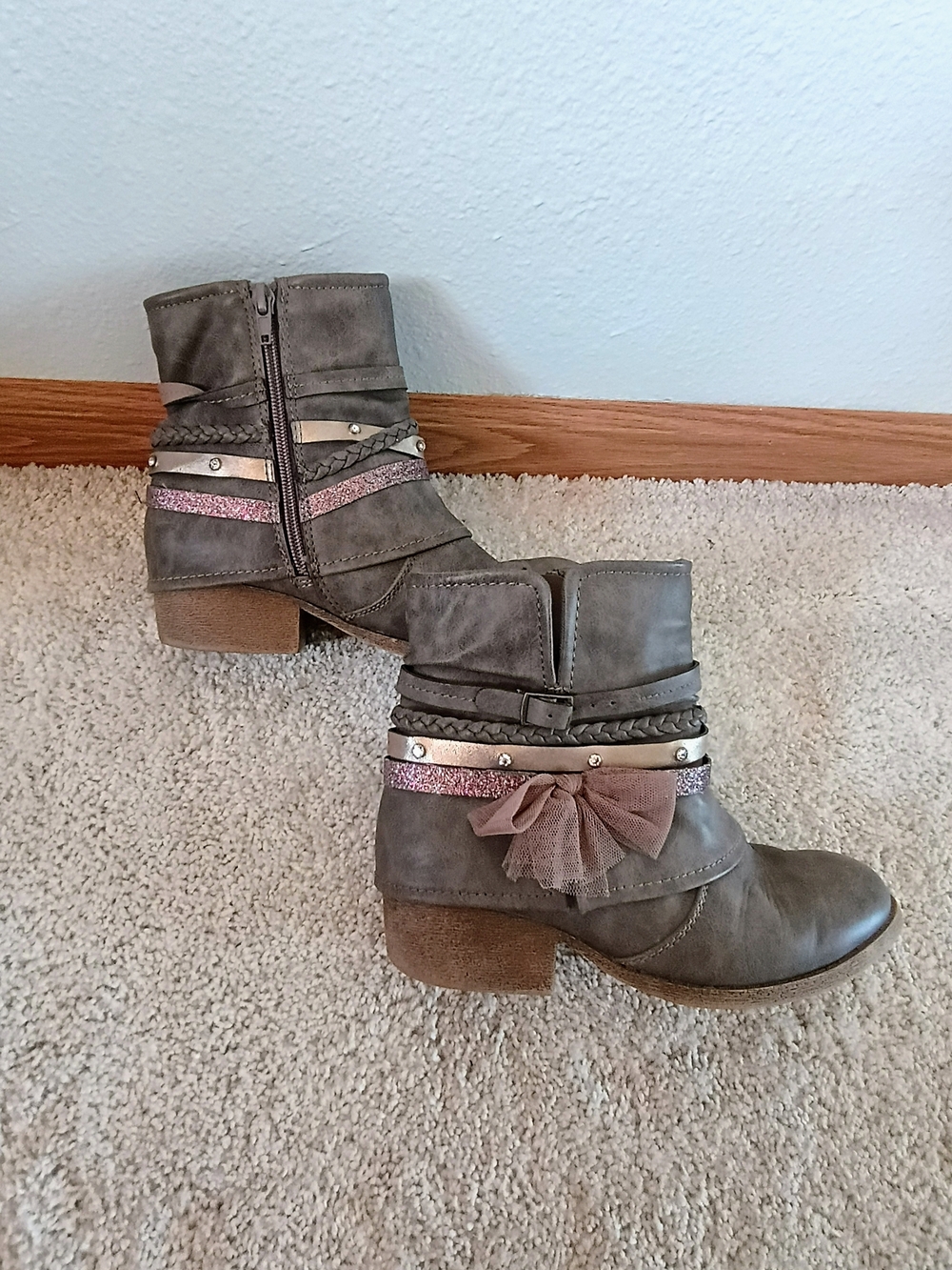 Mudd Girls Taupe Boho Ankle Boots Size 3M Side Zip Glitter Rhinestone Booties